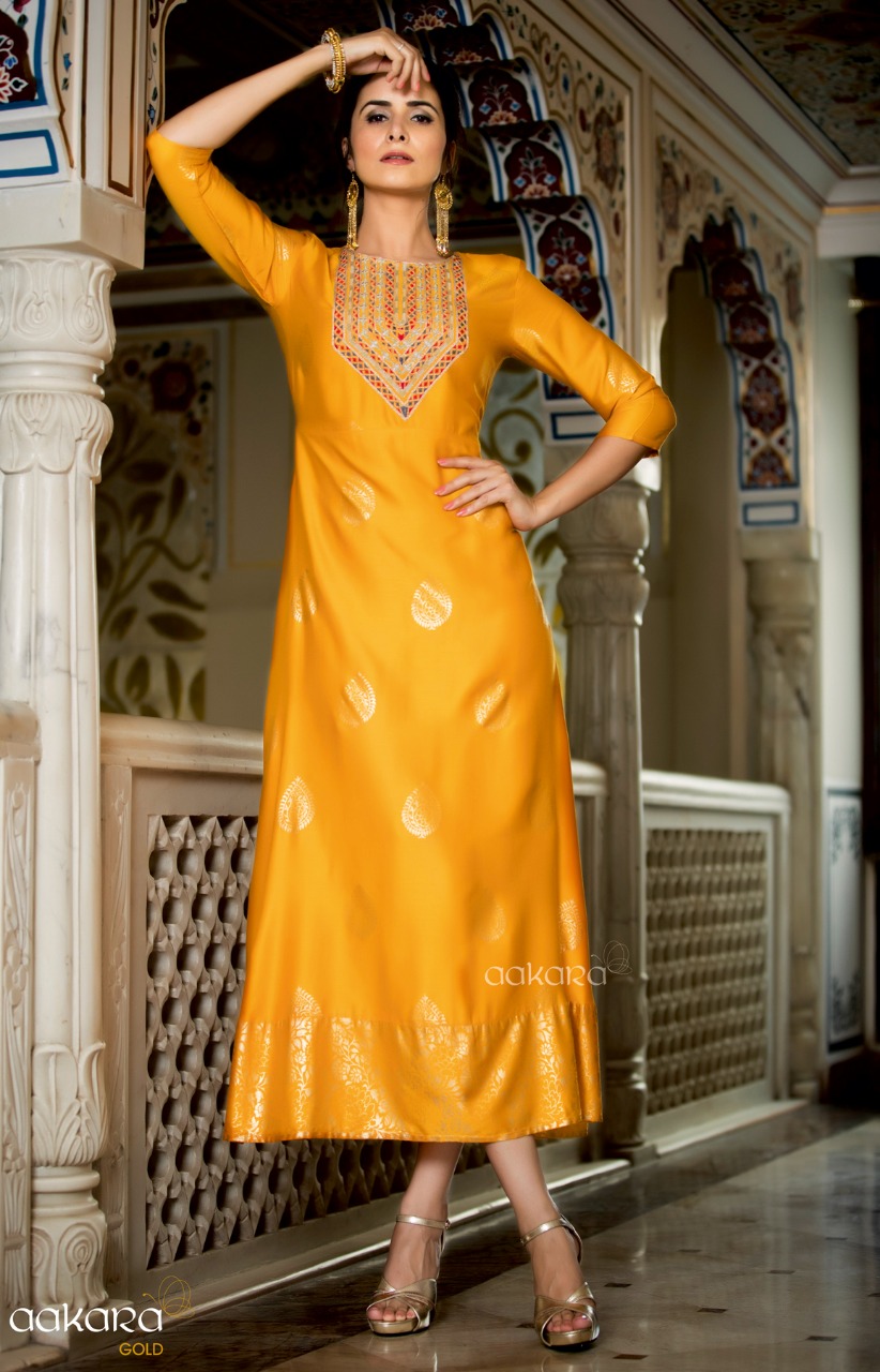 Gold Vol-6 By Aakara 6001 To 6006 Series Beautiful Colorful Stylish Fancy Casual Wear & Ethnic Wear & Ready To Wear Silk & Cotton/ Rayon Embroidered Kurtis At Wholesale Price