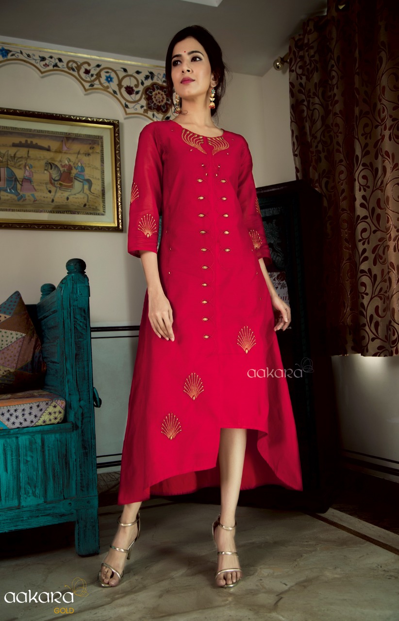 Gold Vol-6 By Aakara 6001 To 6006 Series Beautiful Colorful Stylish Fancy Casual Wear & Ethnic Wear & Ready To Wear Silk & Cotton/ Rayon Embroidered Kurtis At Wholesale Price