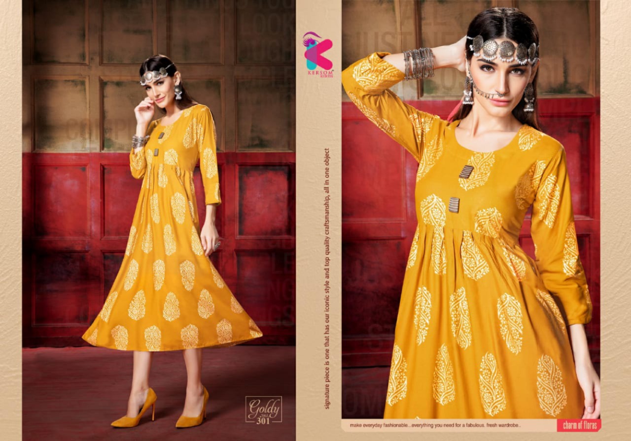 Goldy Vol-3 By Kersom 301 To 308 Series Beautiful Stylish Fancy Colorful Casual Wear & Ethnic Wear & Ready To Wear Heavy Rayon Gold Printed Kurtis At Wholesale Price