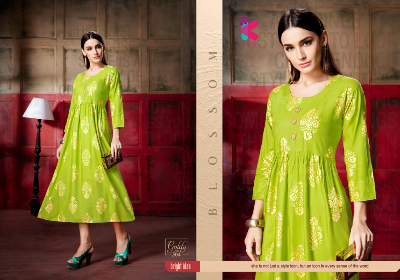 Goldy Vol-3 By Kersom 301 To 308  Series Beautiful Stylish Fancy Colorful Casual Wear & Ethnic Wear & Ready To Wear Heavy Rayon Gold Printed Kurtis At Wholesale Price