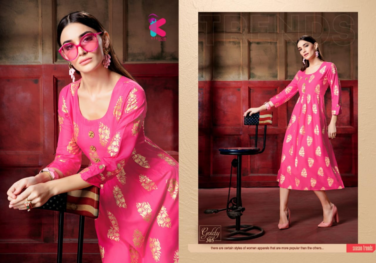 Goldy Vol-3 By Kersom 301 To 308 Series Beautiful Stylish Fancy Colorful Casual Wear & Ethnic Wear & Ready To Wear Heavy Rayon Gold Printed Kurtis At Wholesale Price