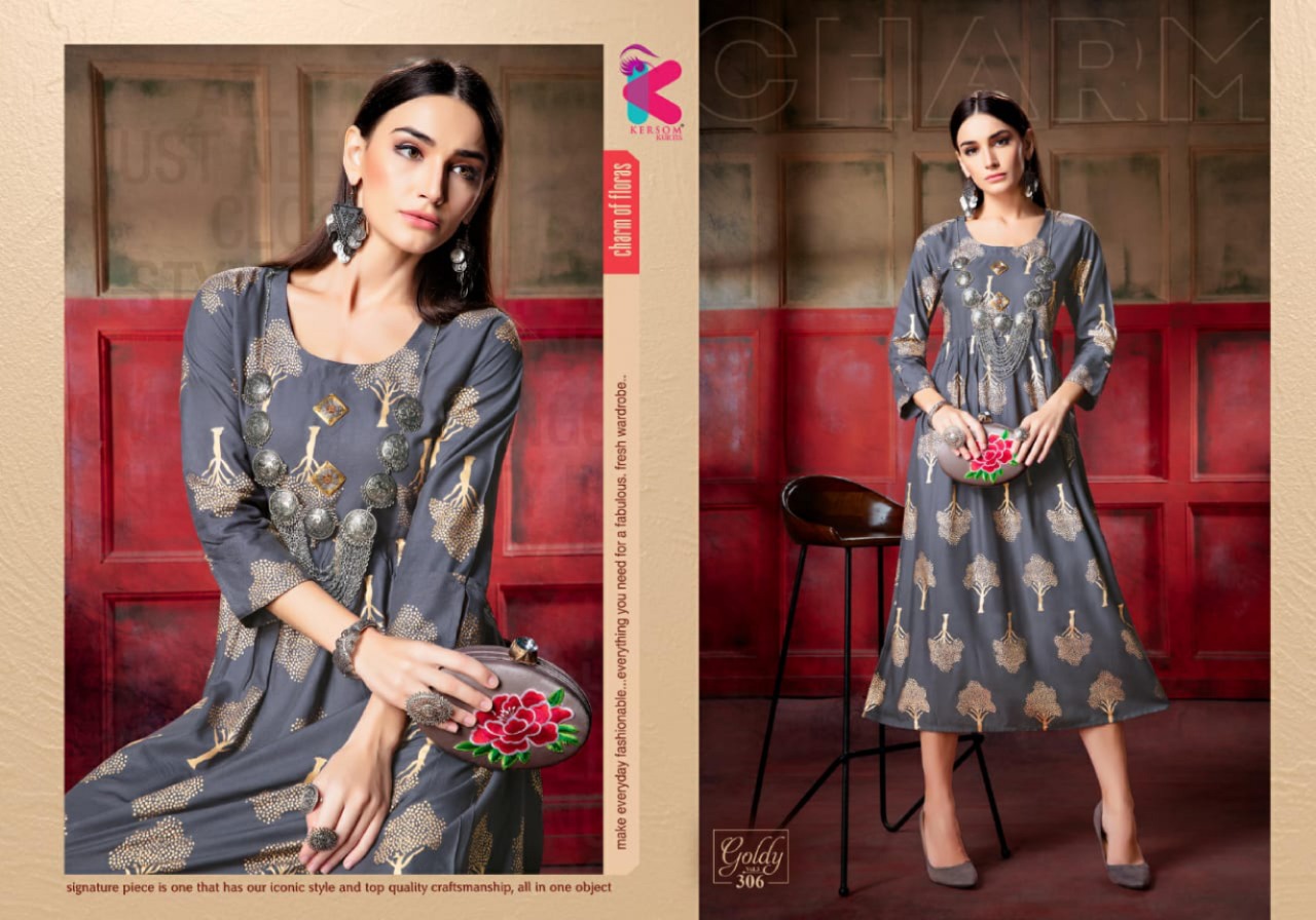 Goldy Vol-3 By Kersom 301 To 308 Series Beautiful Stylish Fancy Colorful Casual Wear & Ethnic Wear & Ready To Wear Heavy Rayon Gold Printed Kurtis At Wholesale Price