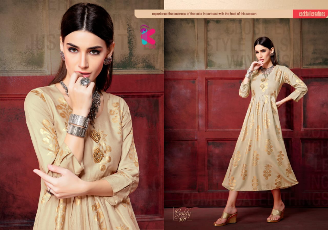 Goldy Vol-3 By Kersom 301 To 308 Series Beautiful Stylish Fancy Colorful Casual Wear & Ethnic Wear & Ready To Wear Heavy Rayon Gold Printed Kurtis At Wholesale Price