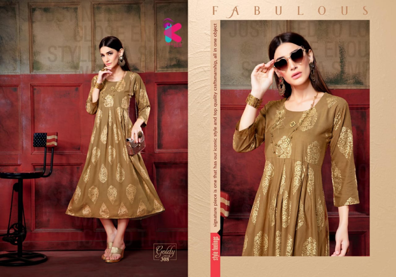 Goldy Vol-3 By Kersom 301 To 308 Series Beautiful Stylish Fancy Colorful Casual Wear & Ethnic Wear & Ready To Wear Heavy Rayon Gold Printed Kurtis At Wholesale Price