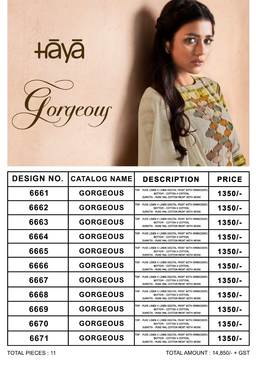 Gorgeous By Haya 6661 To 6671 Series Designer Pakistani Suits Beautiful Stylish Fancy Colorful Festive Collection Party Wear & Occasional Wear Pure Linen Digital Print With Embroidery Dresses At Wholesale Price