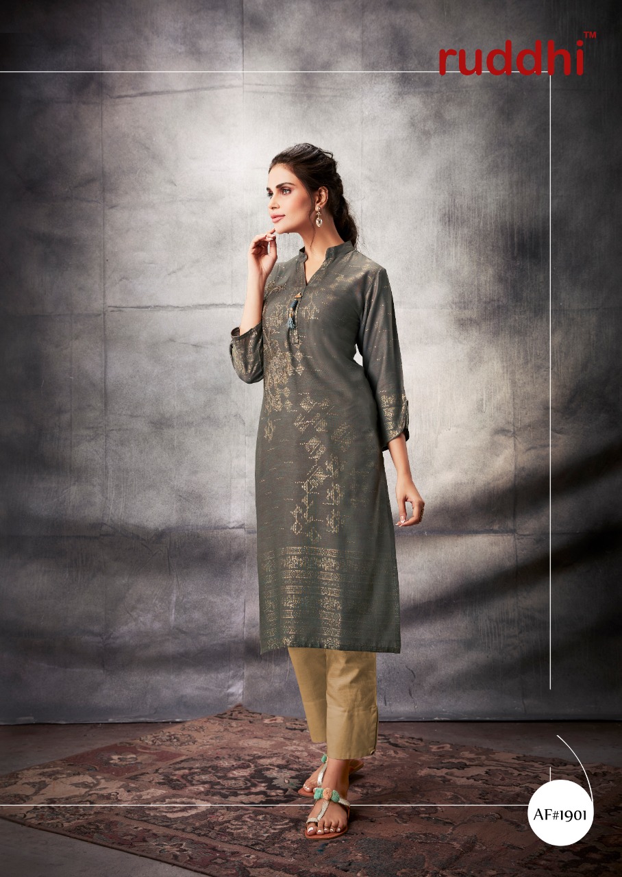 Grace By Ruddhi Dressline 1901 To 1908 Series Beautiful Stylish Fancy Colorful Casual Wear & Ethnic Wear & Ready To Wear Pure Rayon Foil Kurtis With Bottom At Wholesale Price