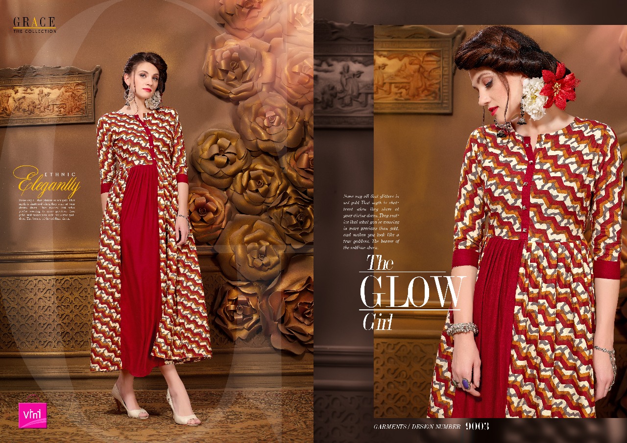 Grace The Collection By Vini 9001 To 9012 Series Designer Stylish Fancy Colorful Beautiful Party Wear & Ethnic Wear Rayon/ Khadi/ Slub Printed Kurtis At Wholesale Price