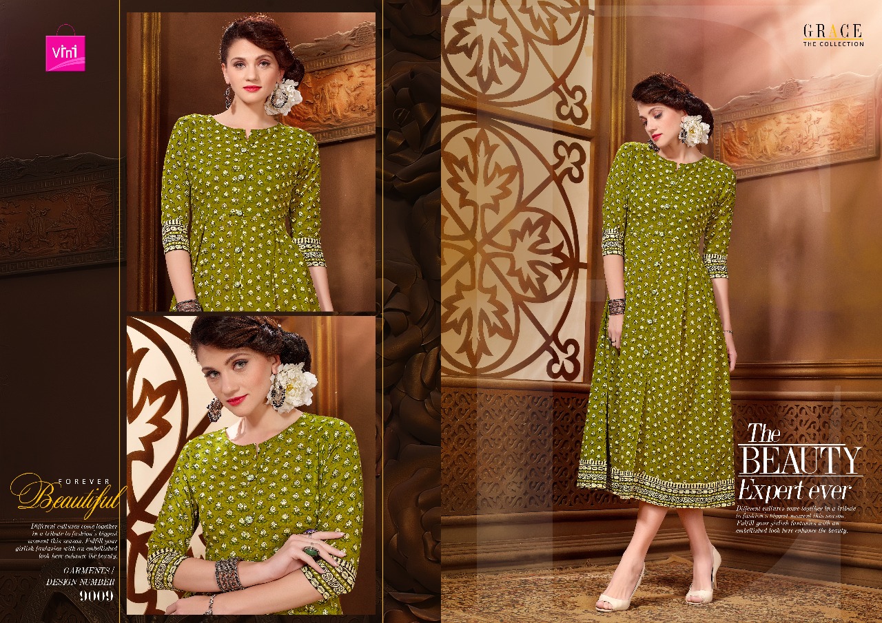 Grace The Collection By Vini 9001 To 9012 Series Designer Stylish Fancy Colorful Beautiful Party Wear & Ethnic Wear Rayon/ Khadi/ Slub Printed Kurtis At Wholesale Price