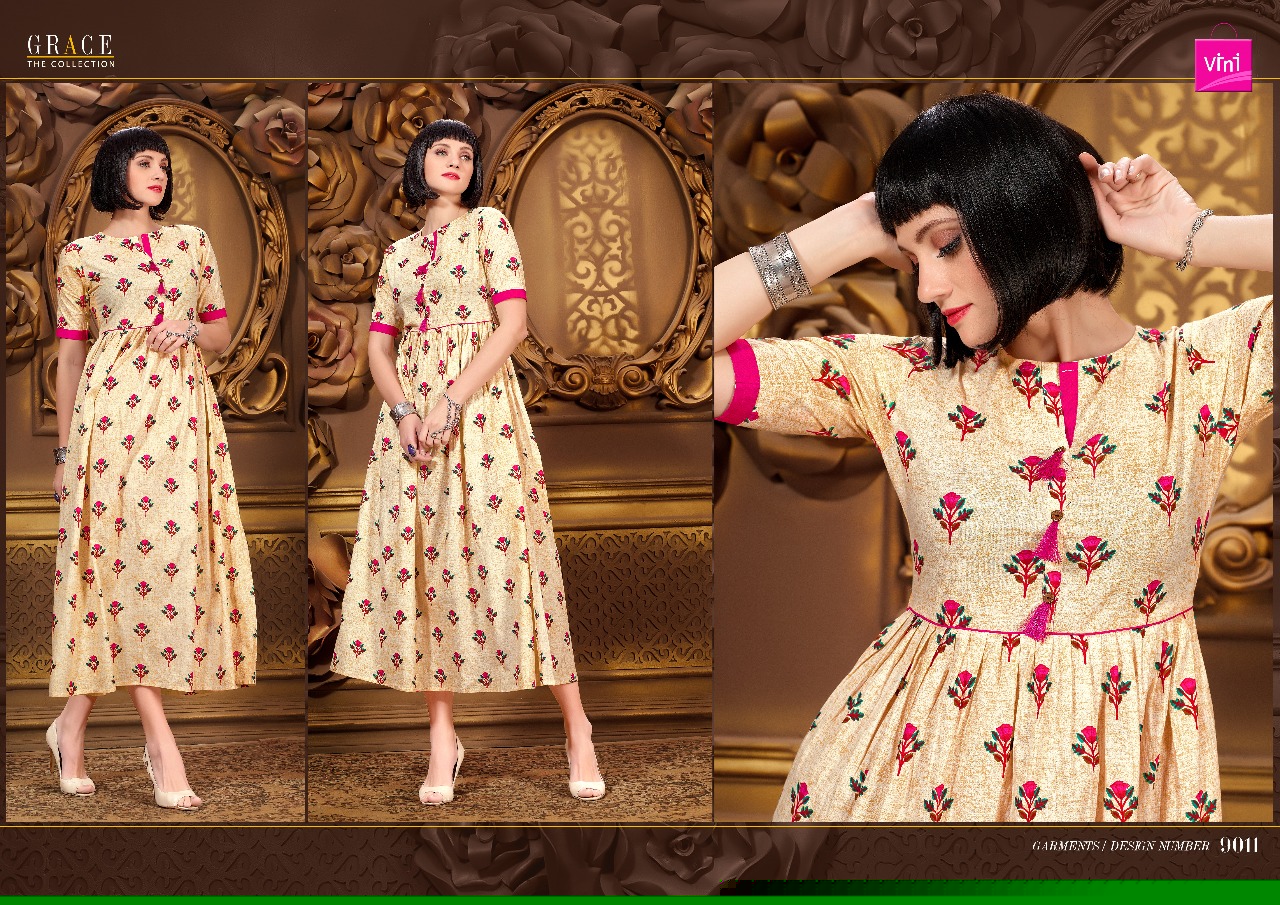 Grace The Collection By Vini 9001 To 9012 Series Designer Stylish Fancy Colorful Beautiful Party Wear & Ethnic Wear Rayon/ Khadi/ Slub Printed Kurtis At Wholesale Price