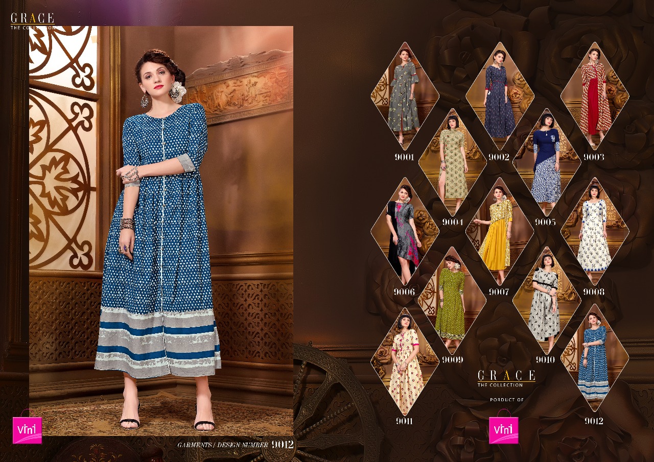 Grace The Collection By Vini 9001 To 9012 Series Designer Stylish Fancy Colorful Beautiful Party Wear & Ethnic Wear Rayon/ Khadi/ Slub Printed Kurtis At Wholesale Price