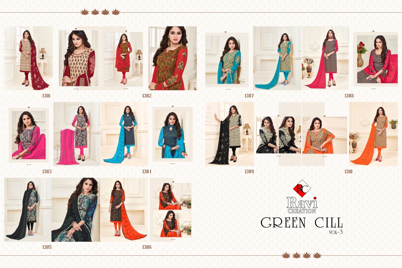 Green Cill Vol-3 By Ravi Creation 1301 To 1310 Series Beautiful Suits Stylish Fancy Colorful Casual Wear & Ethnic Wear Satin Printed Dresses At Wholesale Price