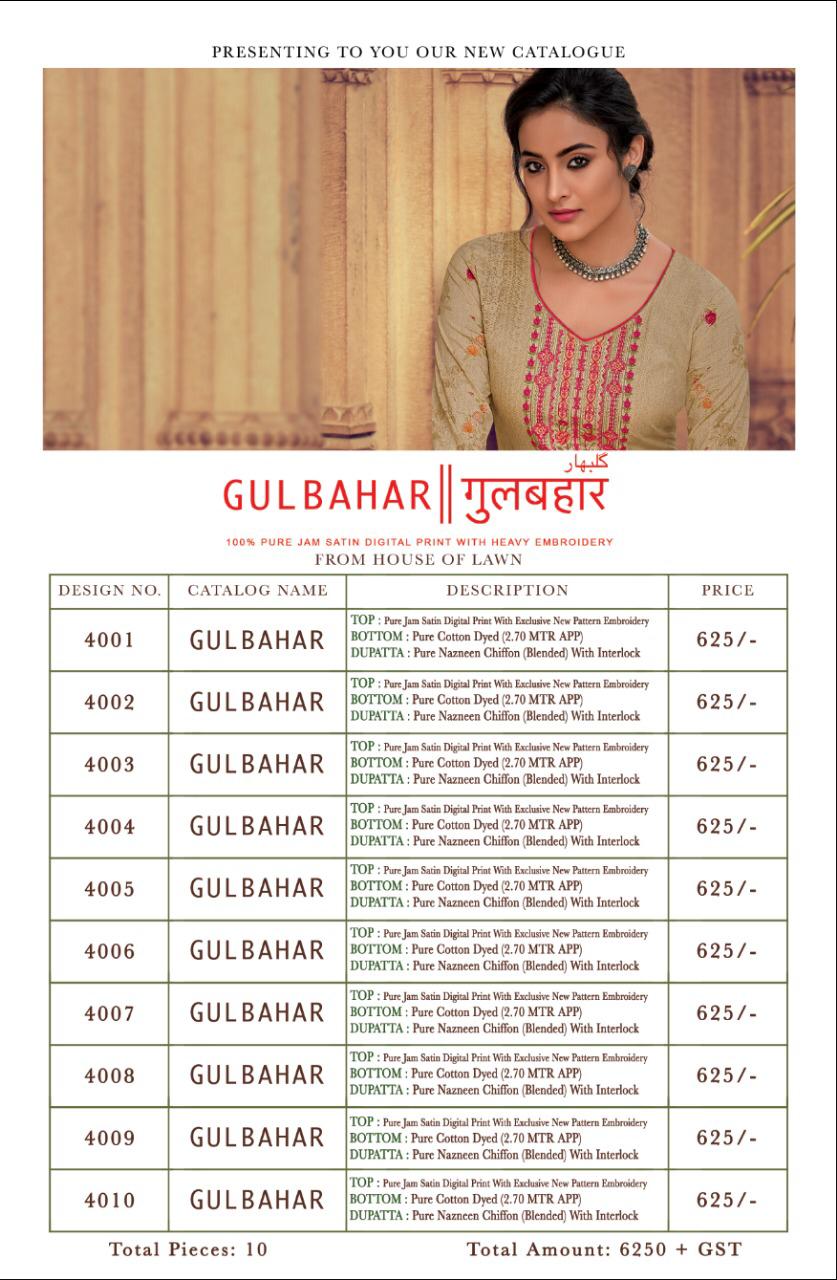 Gulbahar By House Of Lawn 4001 To 4010 Series Beautiful Suits Colorful Stylish Fancy Casual Wear & Ethnic Wear Pure Jam Satin Digital Print With Embroidery Dresses At Wholesale Price