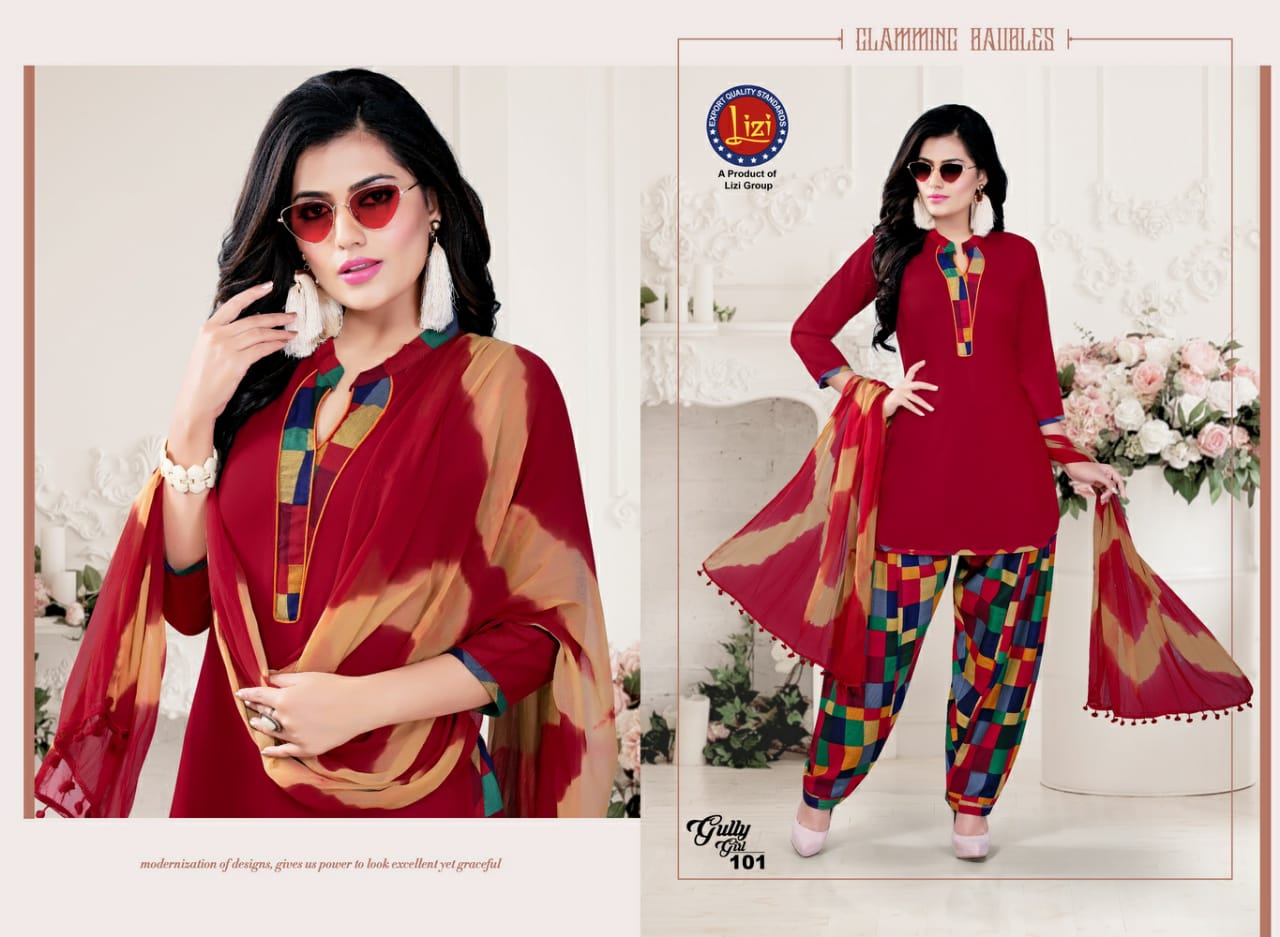 Gully Girl By Lizi 101 To 108 Series Beautiful Patiyala Stylish Colorful Fancy Casual Wear & Ethnic Wear & Ready To Wear Rayon Printed Dresses At Wholesale Price