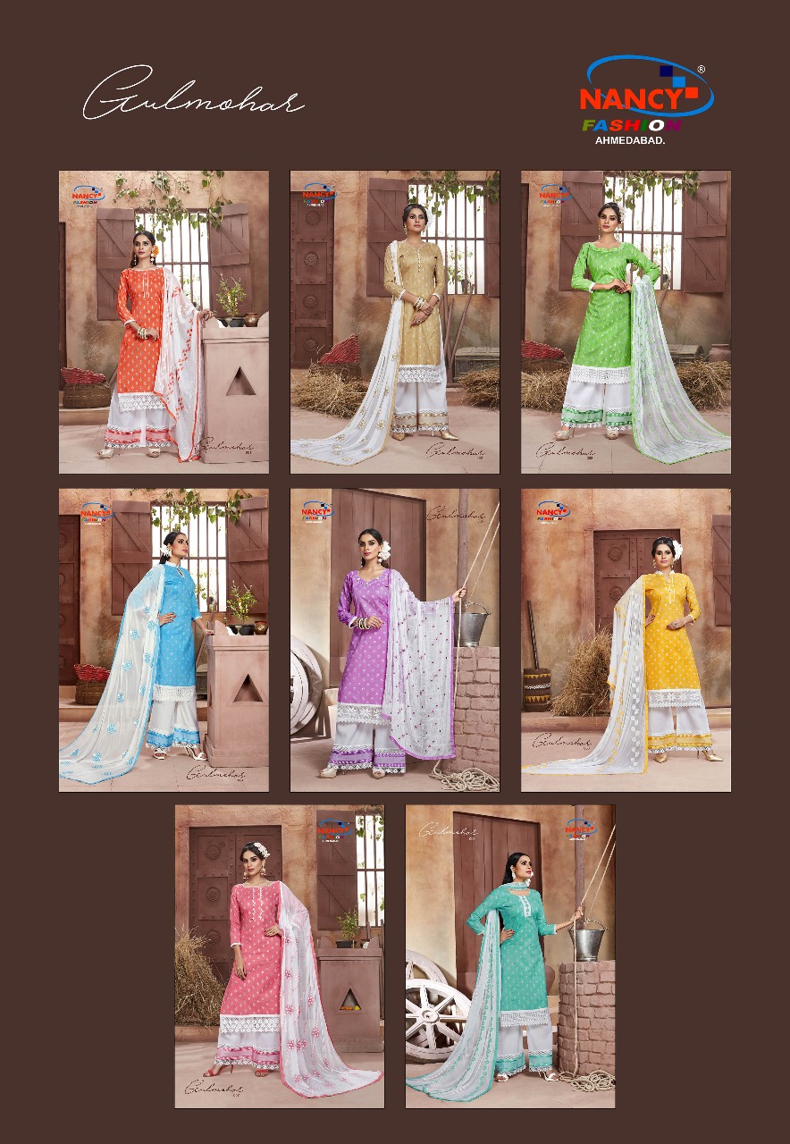 Gulmohar By Nancy Fashion Beautiful Collection Suits Stylish Fancy Colorful Casual Wear & Ethnic Wear Cotton Sartin Printed Dresses At Wholesale Price