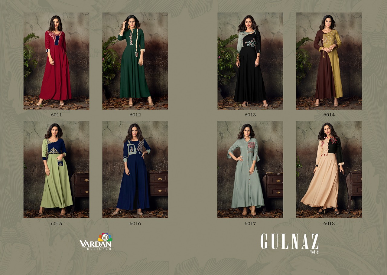 Gulnaz Vol-2 By Vardan Designer 6011 To 6018 Series Designer Beautiful Stylish Fancy Colorful Party Wear & Ethnic Wear & Ready To Wear Heavy Rayon Embroidered Kurtis At Wholesale Price