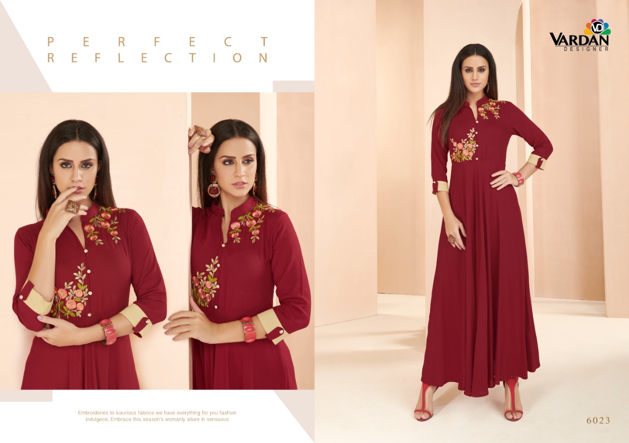 Gulnaz Vol-3 By Vardan Designer 6021 To 6028 Series Designer Beautiful Stylish Fancy Colorful Party Wear & Ethnic Wear & Ready To Wear Heavy Rayon Embroidered Kurtis At Wholesale Price