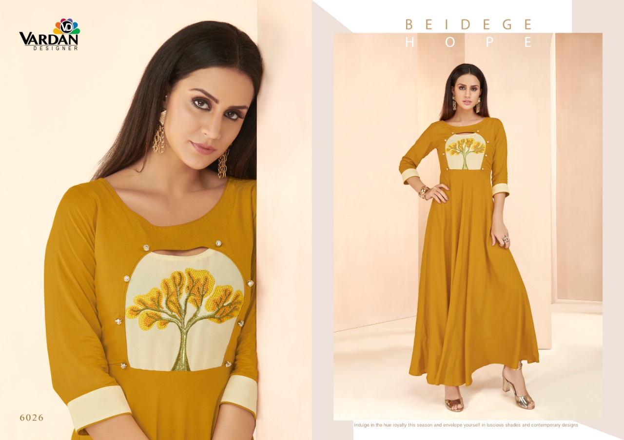 Gulnaz Vol-3 By Vardan Designer 6021 To 6028 Series Designer Beautiful Stylish Fancy Colorful Party Wear & Ethnic Wear & Ready To Wear Heavy Rayon Embroidered Kurtis At Wholesale Price
