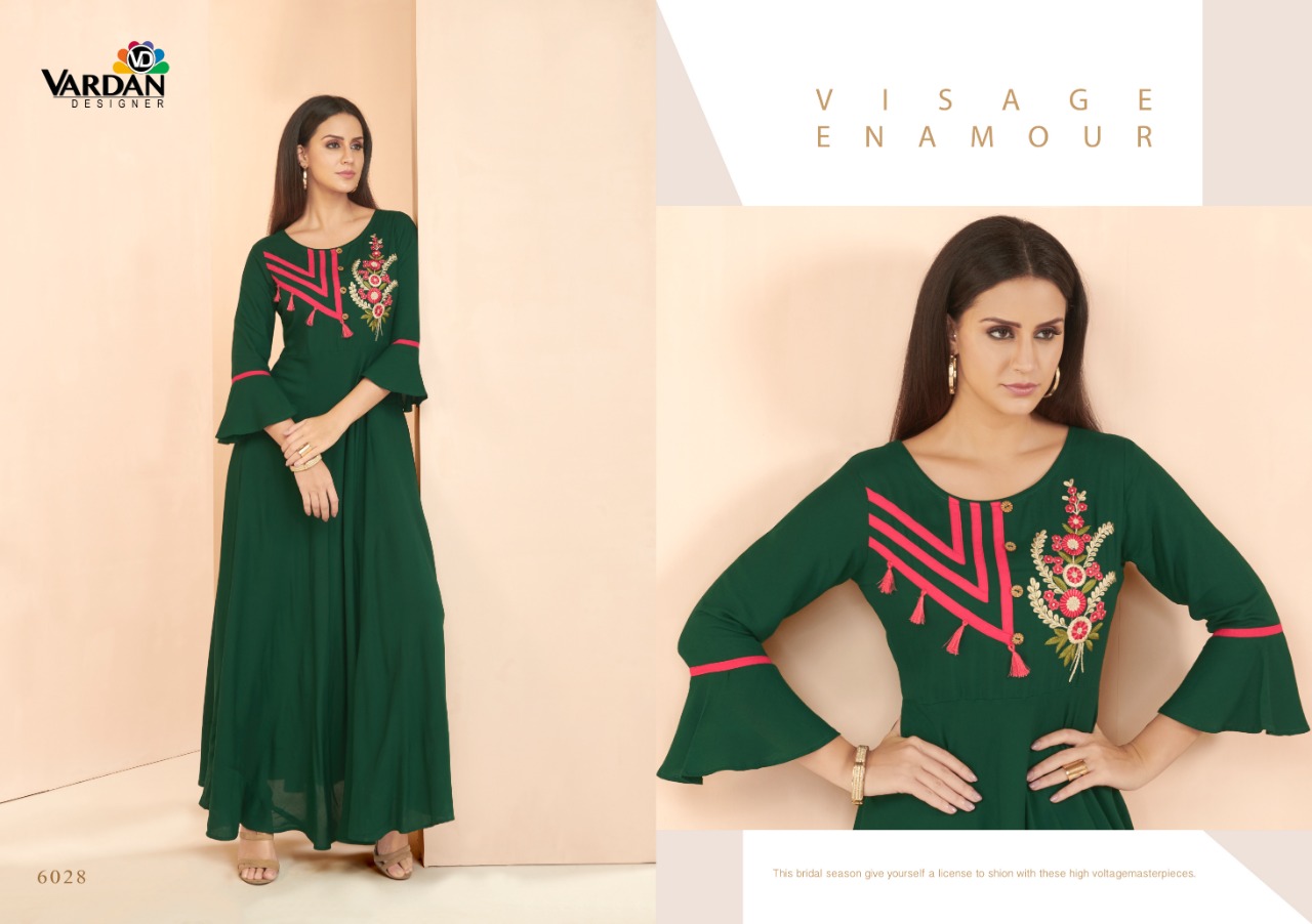 Gulnaz Vol-3 By Vardan Designer 6021 To 6028 Series Designer Beautiful Stylish Fancy Colorful Party Wear & Ethnic Wear & Ready To Wear Heavy Rayon Embroidered Kurtis At Wholesale Price