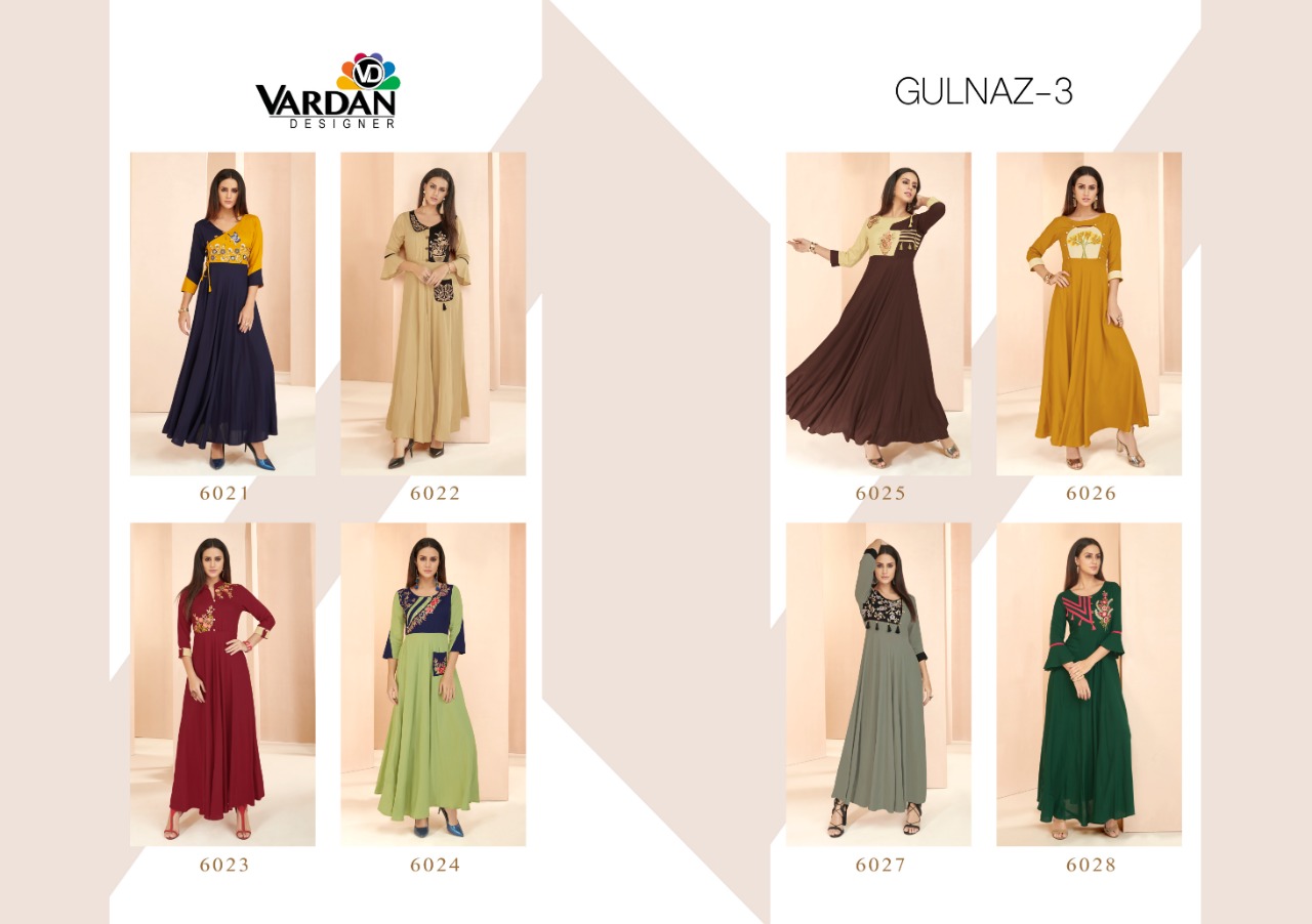 Gulnaz Vol-3 By Vardan Designer 6021 To 6028 Series Designer Beautiful Stylish Fancy Colorful Party Wear & Ethnic Wear & Ready To Wear Heavy Rayon Embroidered Kurtis At Wholesale Price