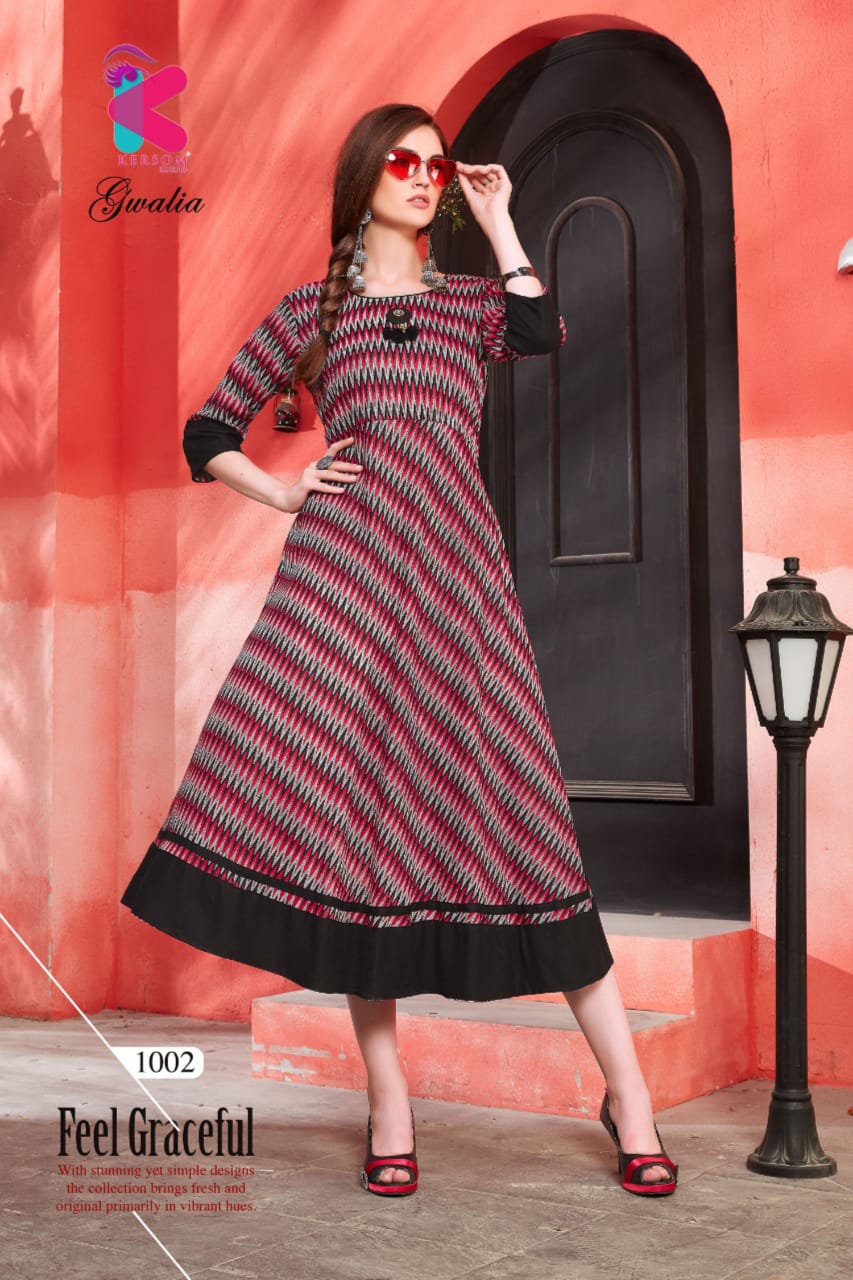 Gwalia By Kersom 1001 To 1008 Series Beautiful Colorful Stylish Fancy Casual Wear & Ethnic Wear & Ready To Wear Heavy Rayon Printed Kurtis At Wholesale Price