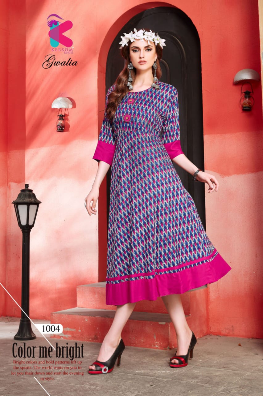 Gwalia By Kersom 1001 To 1008 Series Beautiful Colorful Stylish Fancy Casual Wear & Ethnic Wear & Ready To Wear Heavy Rayon Printed Kurtis At Wholesale Price