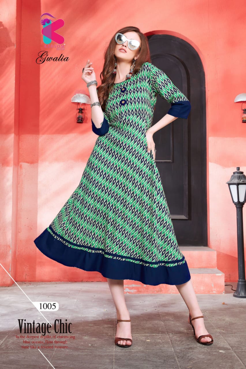 Gwalia By Kersom 1001 To 1008 Series Beautiful Colorful Stylish Fancy Casual Wear & Ethnic Wear & Ready To Wear Heavy Rayon Printed Kurtis At Wholesale Price