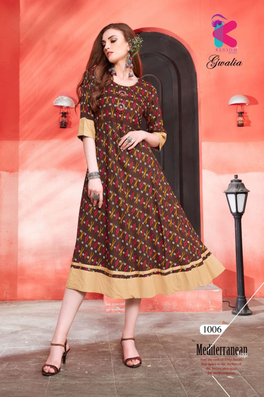 Gwalia By Kersom 1001 To 1008 Series Beautiful Colorful Stylish Fancy Casual Wear & Ethnic Wear & Ready To Wear Heavy Rayon Printed Kurtis At Wholesale Price