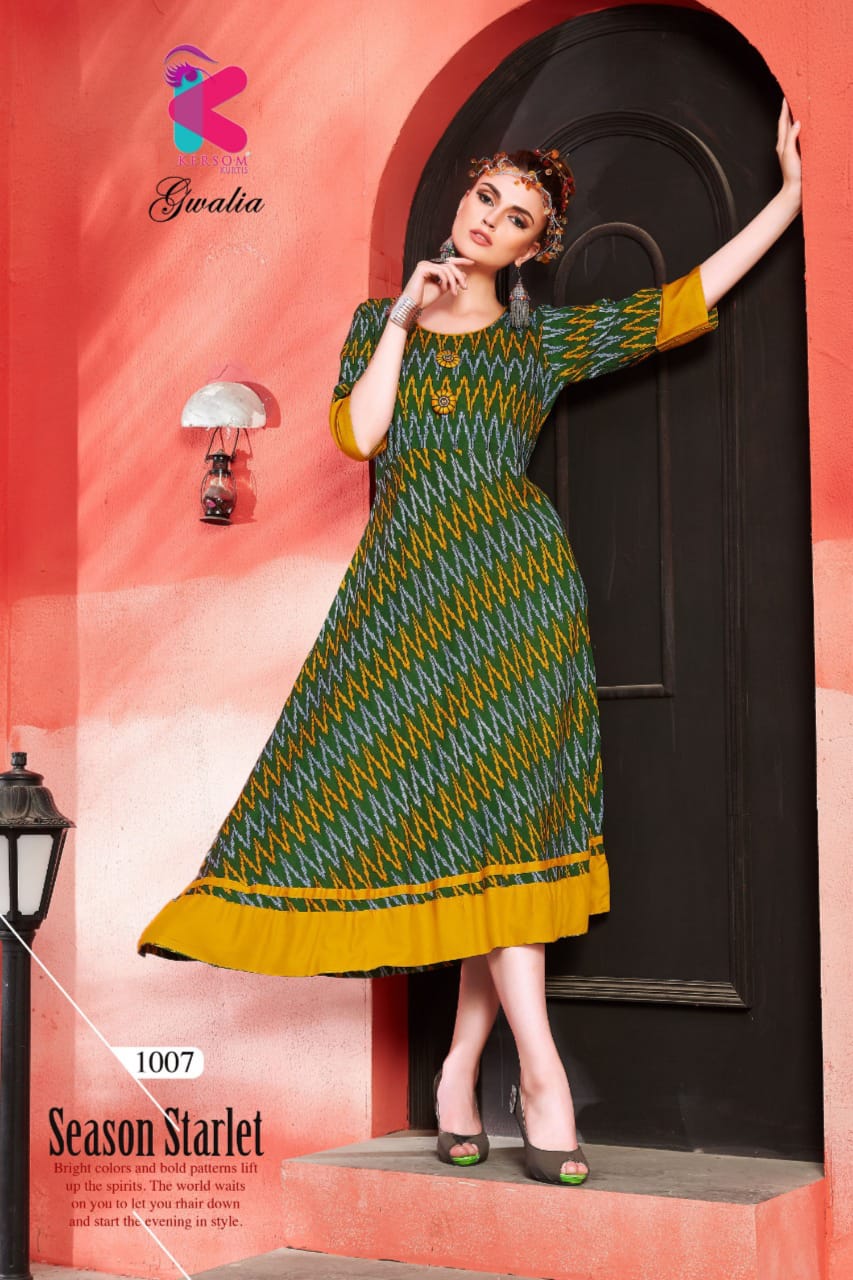 Gwalia By Kersom 1001 To 1008 Series Beautiful Colorful Stylish Fancy Casual Wear & Ethnic Wear & Ready To Wear Heavy Rayon Printed Kurtis At Wholesale Price