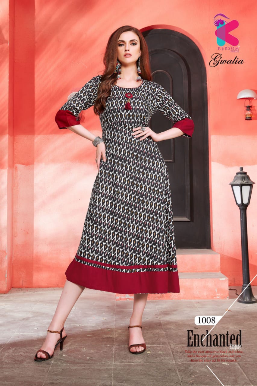 Gwalia By Kersom 1001 To 1008 Series Beautiful Colorful Stylish Fancy Casual Wear & Ethnic Wear & Ready To Wear Heavy Rayon Printed Kurtis At Wholesale Price