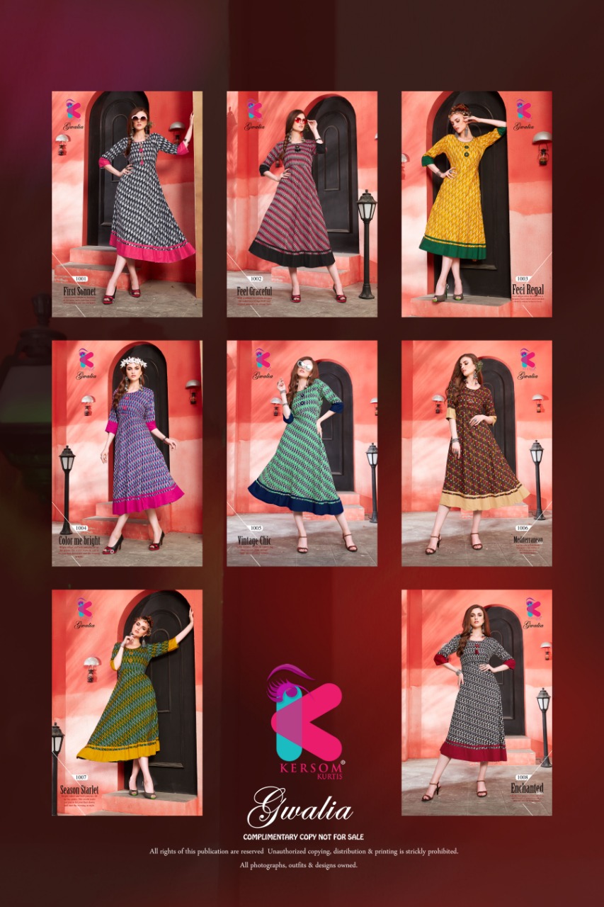 Gwalia By Kersom 1001 To 1008 Series Beautiful Colorful Stylish Fancy Casual Wear & Ethnic Wear & Ready To Wear Heavy Rayon Printed Kurtis At Wholesale Price