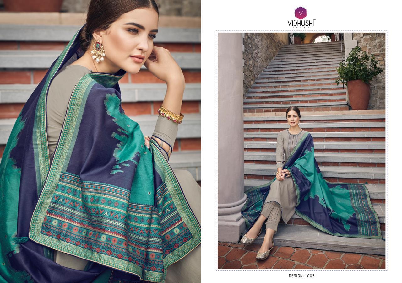 Handweave By Vidhushi Suits 1001 To 1006 Series Designer Festive Suits Collection Beautiful Stylish Fancy Colorful Party Wear & Occasional Wear Pure Viscose Muslin Silk With Embroidery Dresses At Wholesale Price