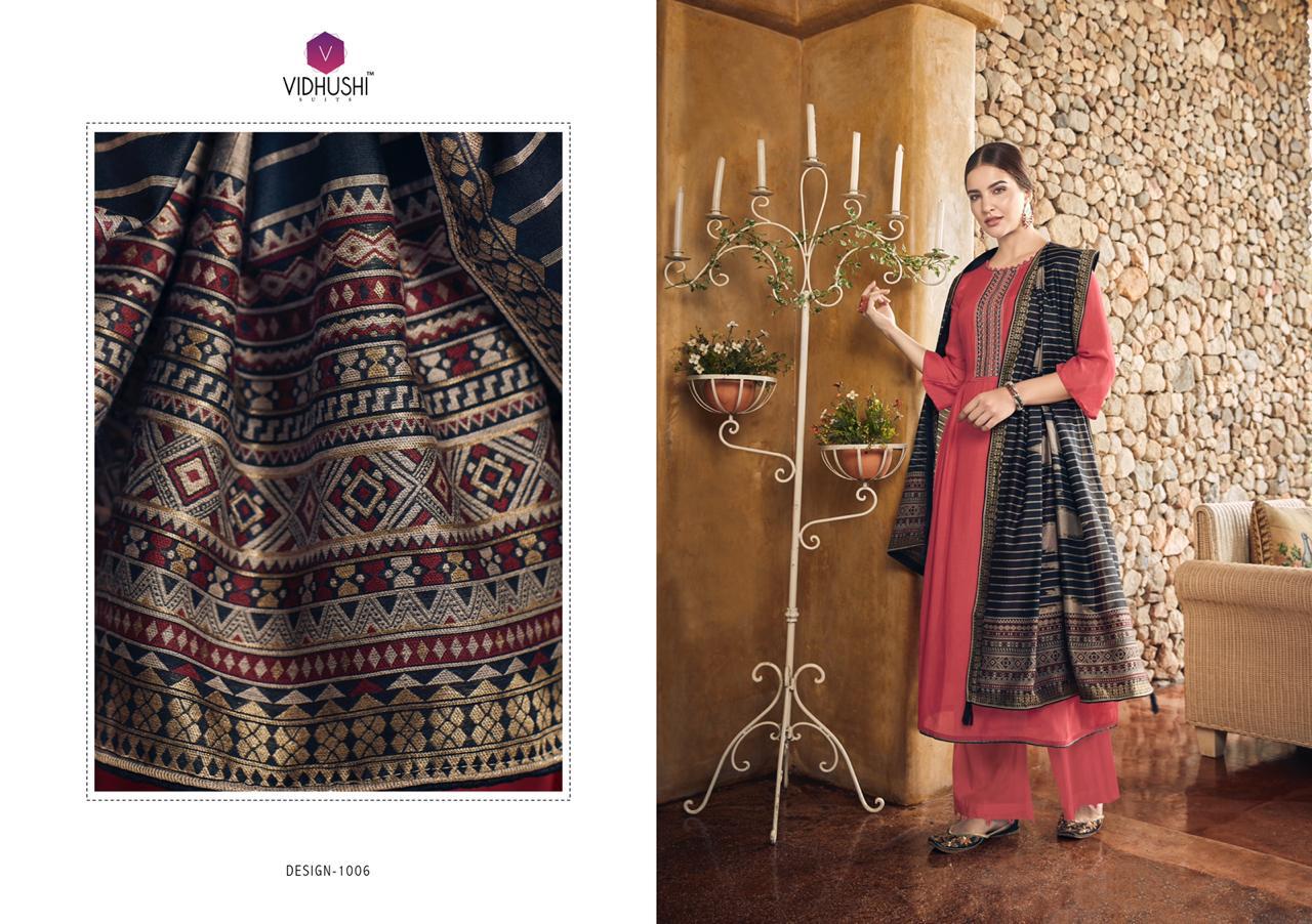 Handweave By Vidhushi Suits 1001 To 1006 Series Designer Festive Suits Collection Beautiful Stylish Fancy Colorful Party Wear & Occasional Wear Pure Viscose Muslin Silk With Embroidery Dresses At Wholesale Price