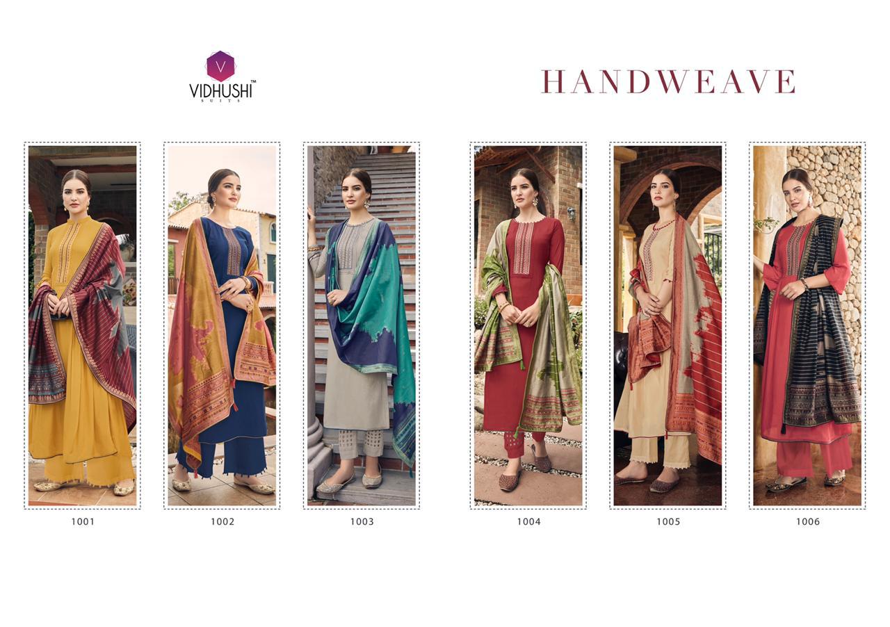 Handweave By Vidhushi Suits 1001 To 1006 Series Designer Festive Suits Collection Beautiful Stylish Fancy Colorful Party Wear & Occasional Wear Pure Viscose Muslin Silk With Embroidery Dresses At Wholesale Price