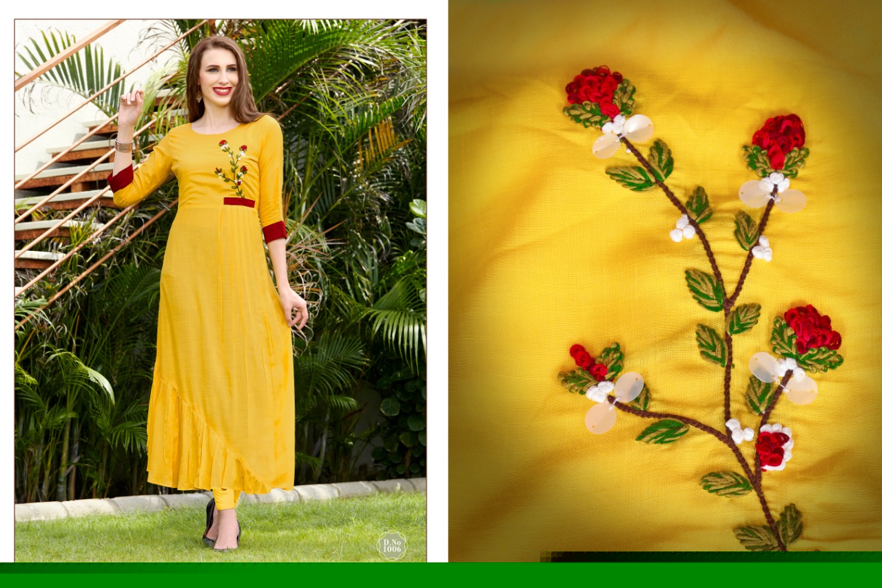 Handwork By Amaaya Garments 1001 To 1006 Series Beautiful Colorful Stylish Fancy Casual Wear & Ethnic Wear & Ready To Wear Heavy Rayon Slub Kurtis At Wholesale Price