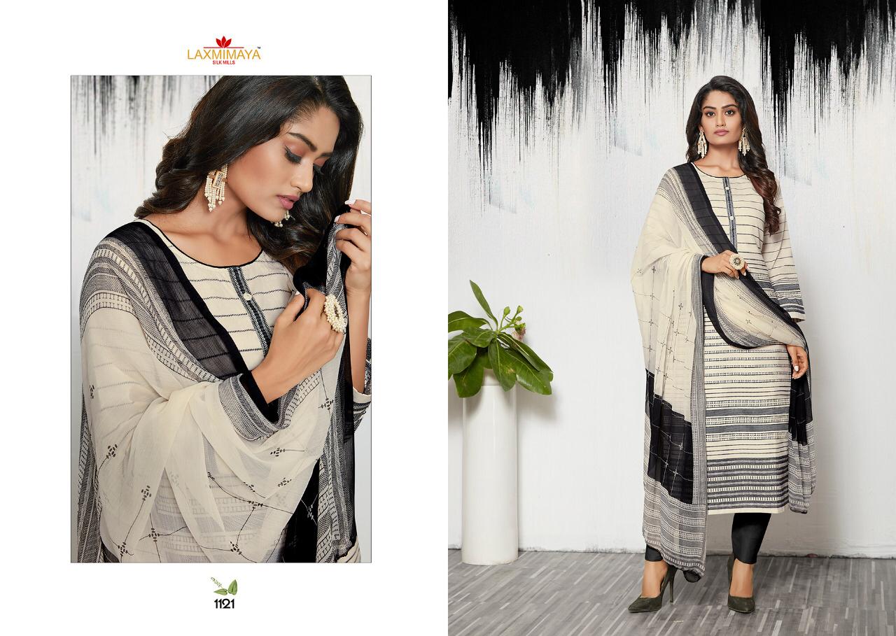 Harveen By Laxmimaya Silk Mills 1121 To 1129 Series Designer Suits Collection Beautiful Stylish Fancy Colorful Party Wear & Occasional Wear Pure Cotton Lawn Digital Print With Exclusive Embroidery Work On Neck Dresses At Wholesale Price