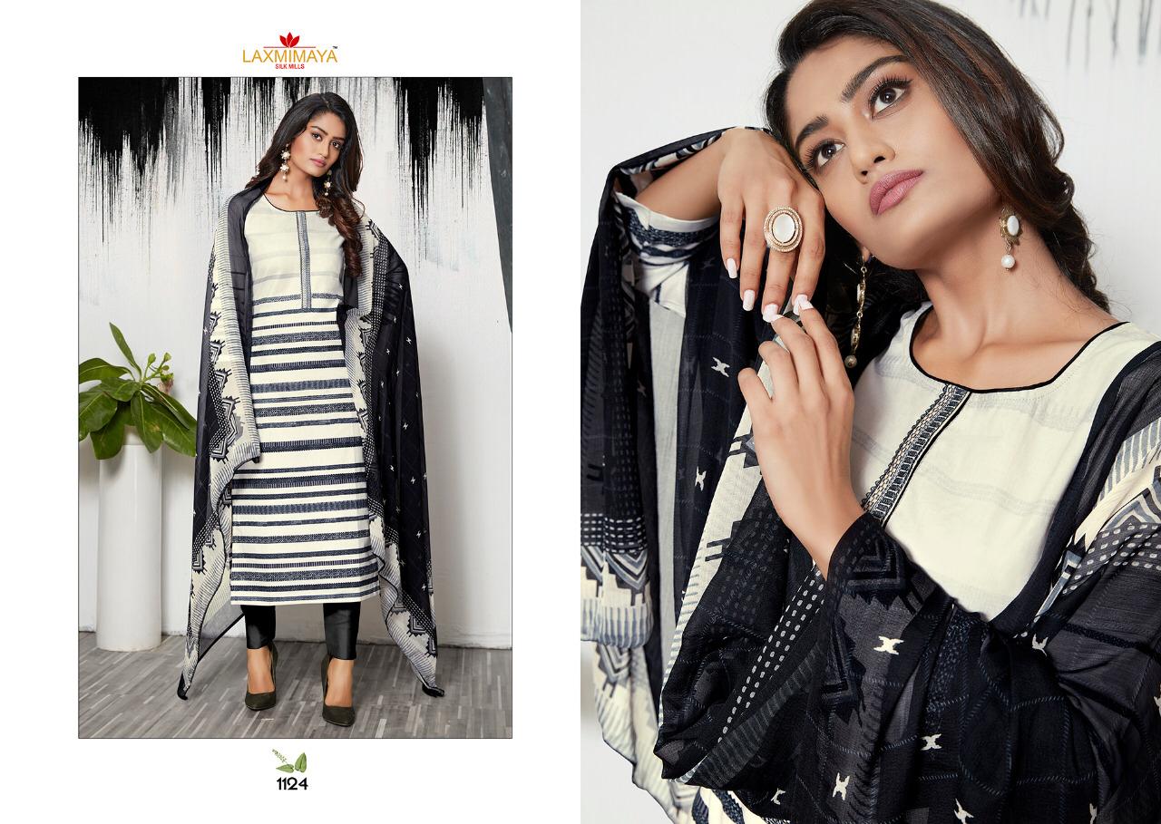 Harveen By Laxmimaya Silk Mills 1121 To 1129 Series Designer Suits Collection Beautiful Stylish Fancy Colorful Party Wear & Occasional Wear Pure Cotton Lawn Digital Print With Exclusive Embroidery Work On Neck Dresses At Wholesale Price