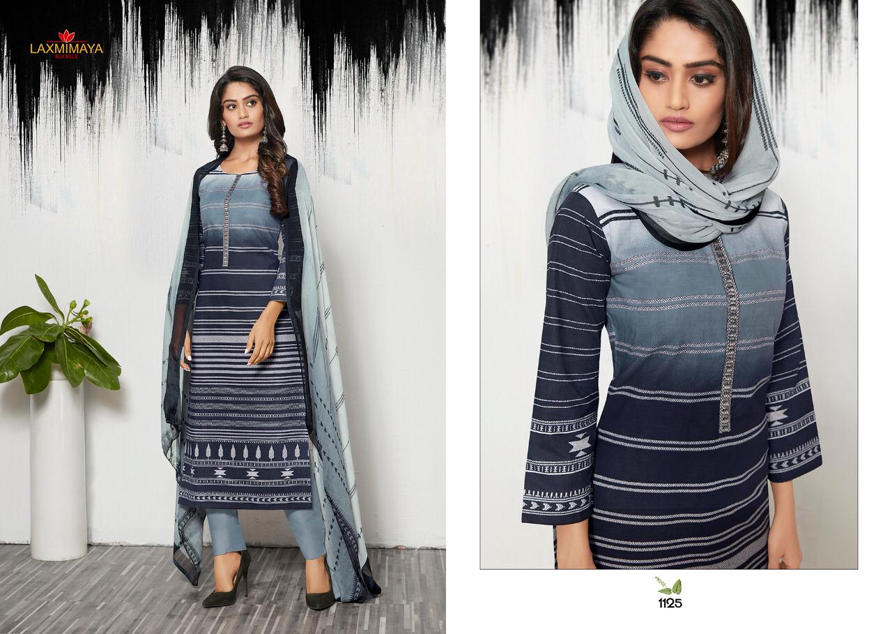 Harveen By Laxmimaya Silk Mills 1121 To 1129 Series Designer Suits Collection Beautiful Stylish Fancy Colorful Party Wear & Occasional Wear Pure Cotton Lawn Digital Print With Exclusive Embroidery Work On Neck Dresses At Wholesale Price