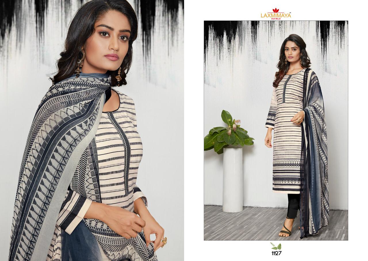 Harveen By Laxmimaya Silk Mills 1121 To 1129 Series Designer Suits Collection Beautiful Stylish Fancy Colorful Party Wear & Occasional Wear Pure Cotton Lawn Digital Print With Exclusive Embroidery Work On Neck Dresses At Wholesale Price