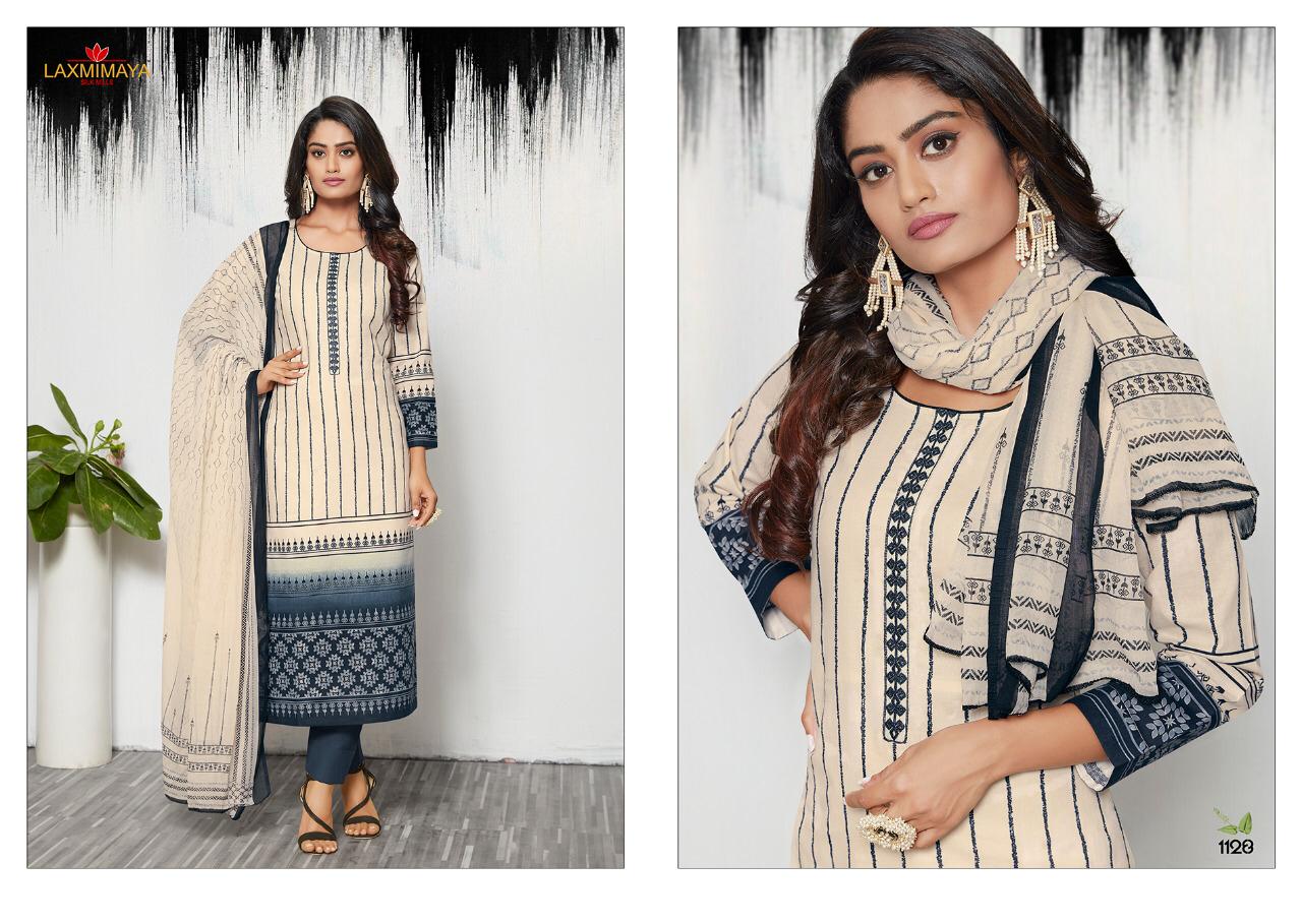 Harveen By Laxmimaya Silk Mills 1121 To 1129 Series Designer Suits Collection Beautiful Stylish Fancy Colorful Party Wear & Occasional Wear Pure Cotton Lawn Digital Print With Exclusive Embroidery Work On Neck Dresses At Wholesale Price