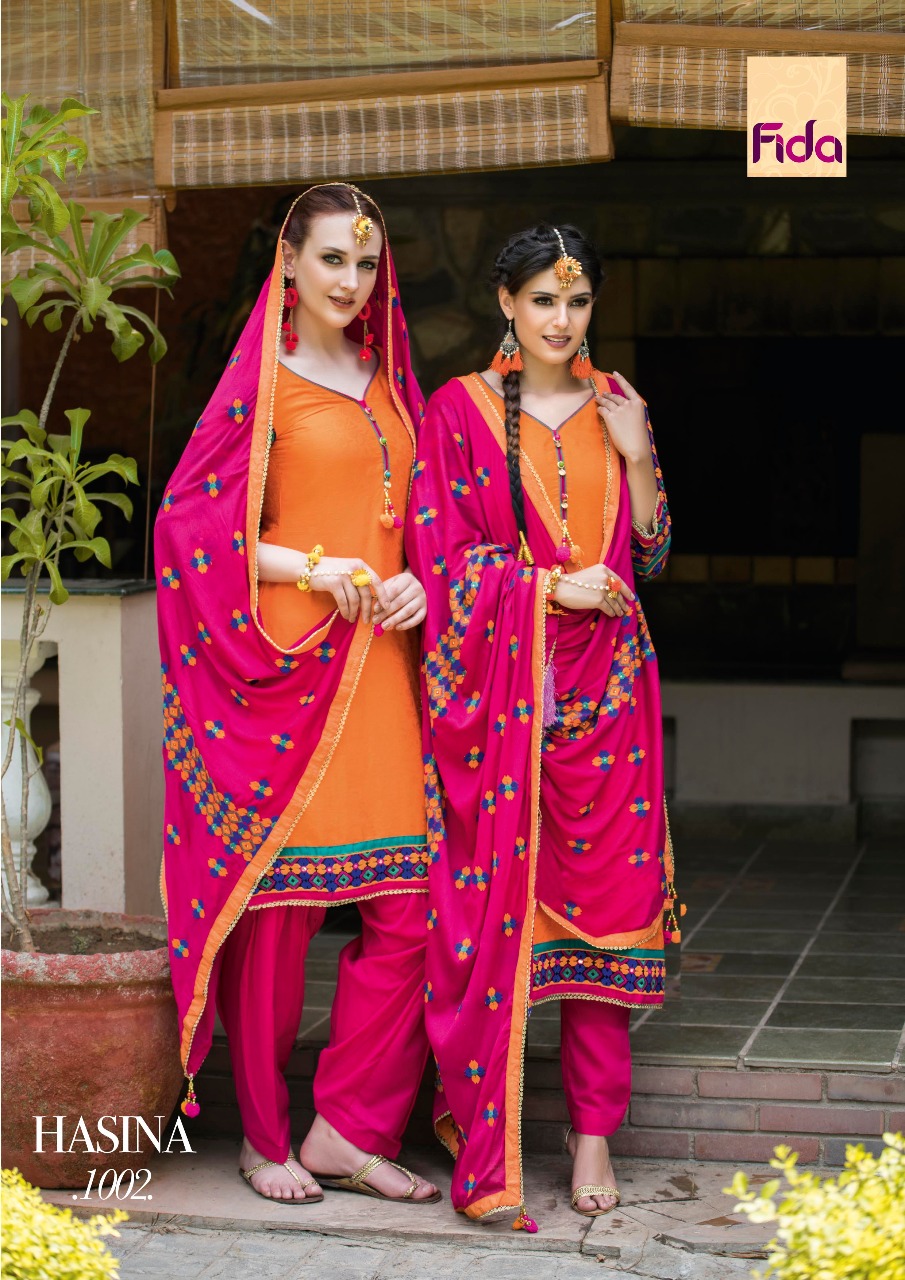 Hasina By Fida 1001 To 1006 Series Beautiful Patiyala Suits Embroidered Beautiful Stylish Fancy Colorful Casual Wear & Ethnic Wear Satin Jacquard Dresses At Wholesale Price