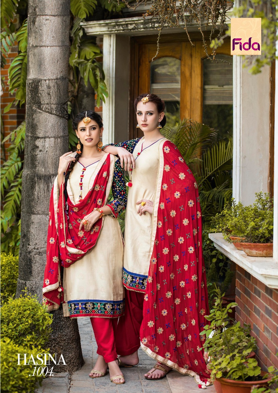 Hasina By Fida 1001 To 1006 Series Beautiful Patiyala Suits Embroidered Beautiful Stylish Fancy Colorful Casual Wear & Ethnic Wear Satin Jacquard Dresses At Wholesale Price