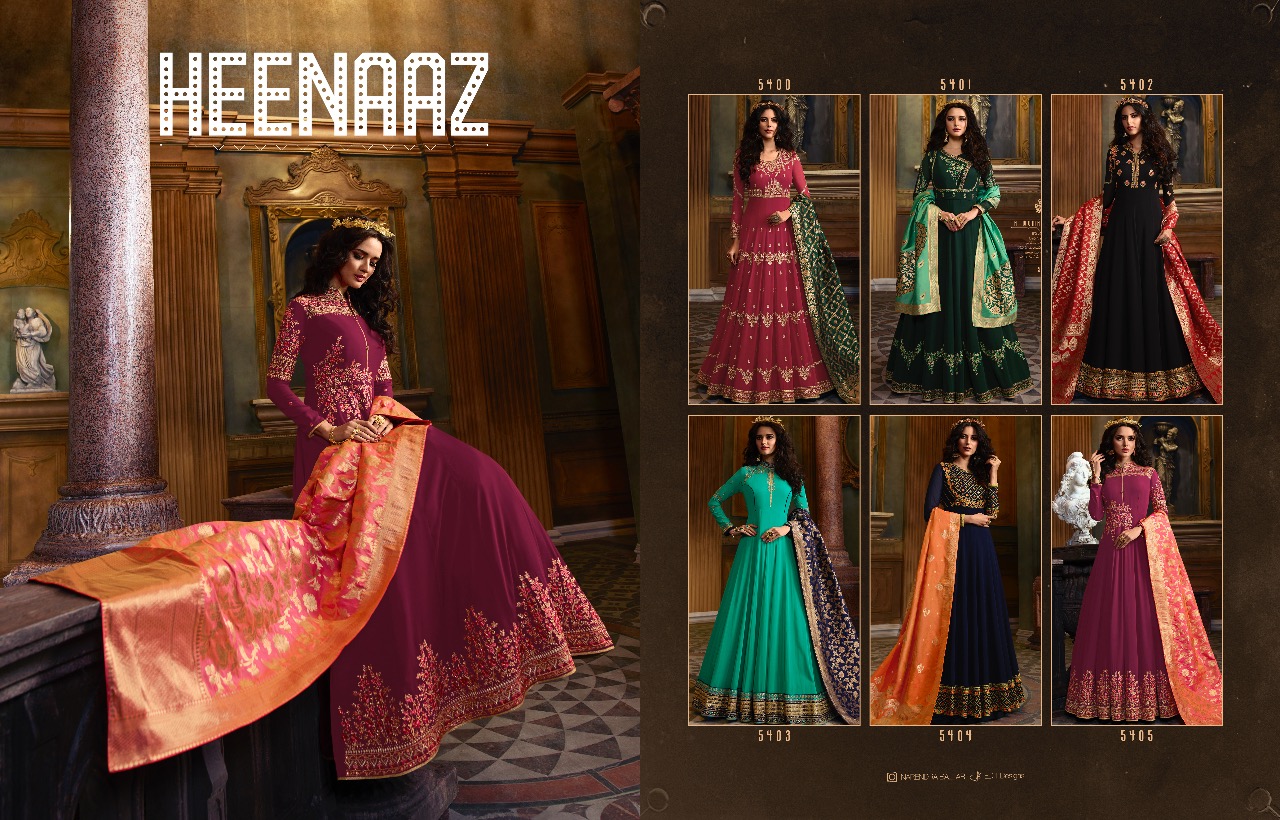 Heenaz Vol-54 By Mahaveer Fashion 5400 To 5405 Series Designer Suits Collection Beautiful Stylish Fancy Colorful Party Wear & Occasional Wear Faux Georgette Embroidered Dresses At Wholesale Price