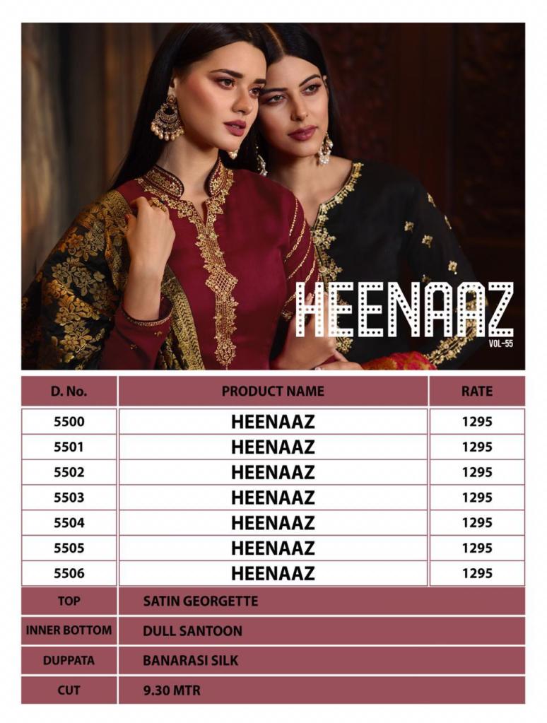 Heenaz Vol-55 By Mahaveer Fashion 5500 To 5506 Series Designer Suits Collection Beautiful Stylish Fancy Colorful Party Wear & Occasional Wear Satin Georgette Embroidered Dresses At Wholesale Price