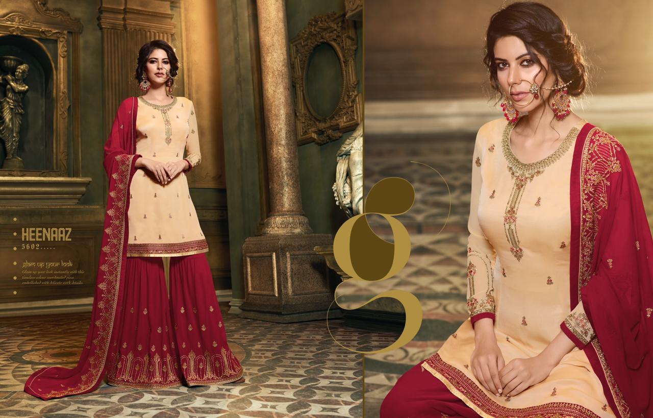Heenaz Vol-56 By Mahaveer Fashion 5600 To 5406 Series Designer Suits Collection Beautiful Stylish Fancy Colorful Party Wear & Occasional Wear Satin Georgette Embroidered Dresses At Wholesale Price