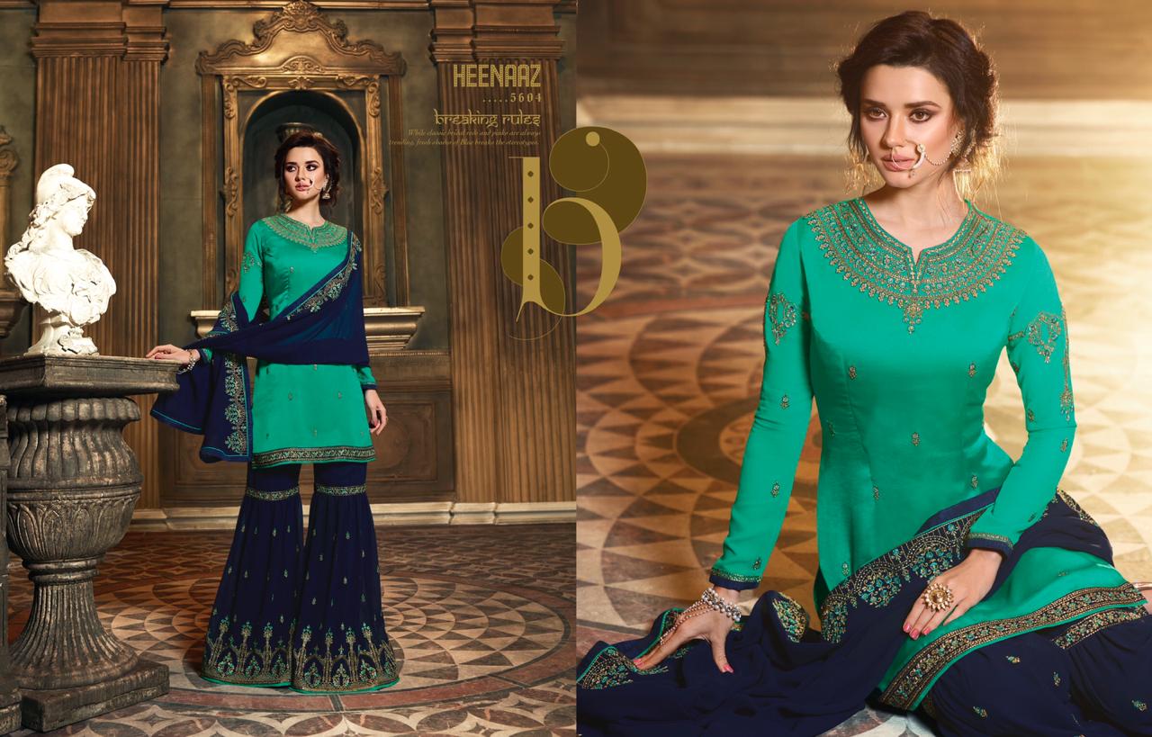 Heenaz Vol-56 By Mahaveer Fashion 5600 To 5406 Series Designer Suits Collection Beautiful Stylish Fancy Colorful Party Wear & Occasional Wear Satin Georgette Embroidered Dresses At Wholesale Price