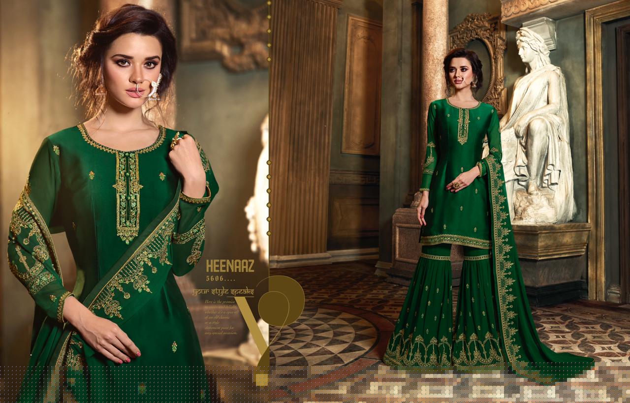 Heenaz Vol-56 By Mahaveer Fashion 5600 To 5406 Series Designer Suits Collection Beautiful Stylish Fancy Colorful Party Wear & Occasional Wear Satin Georgette Embroidered Dresses At Wholesale Price