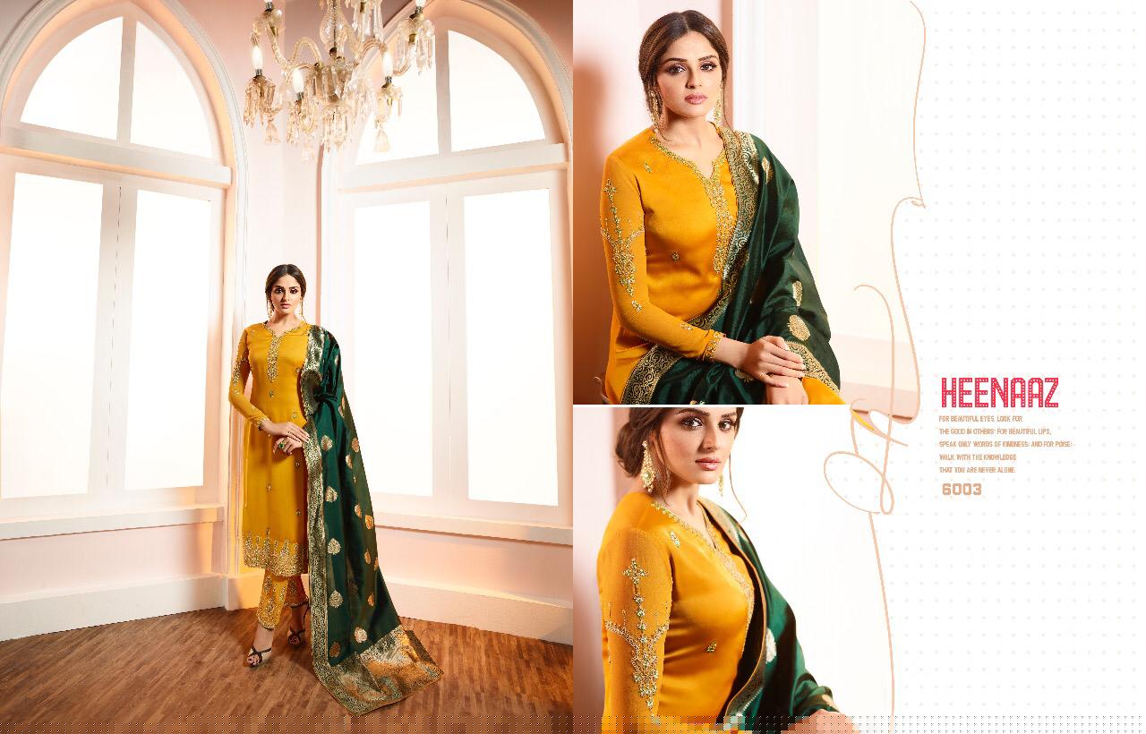 Heenaz Vol-60 By Mahaveer Fashion 6000 To 6007 Series Beautiful Winter Suits Collection Stylish Fancy Colorful Casual Wear & Ethnic Wear Satin Georgette With Embroidery Dresses At Wholesale Price