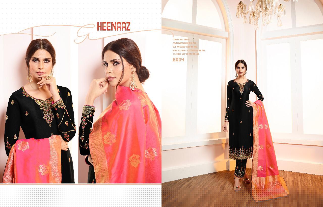 Heenaz Vol-60 By Mahaveer Fashion 6000 To 6007 Series Beautiful Winter Suits Collection Stylish Fancy Colorful Casual Wear & Ethnic Wear Satin Georgette With Embroidery Dresses At Wholesale Price