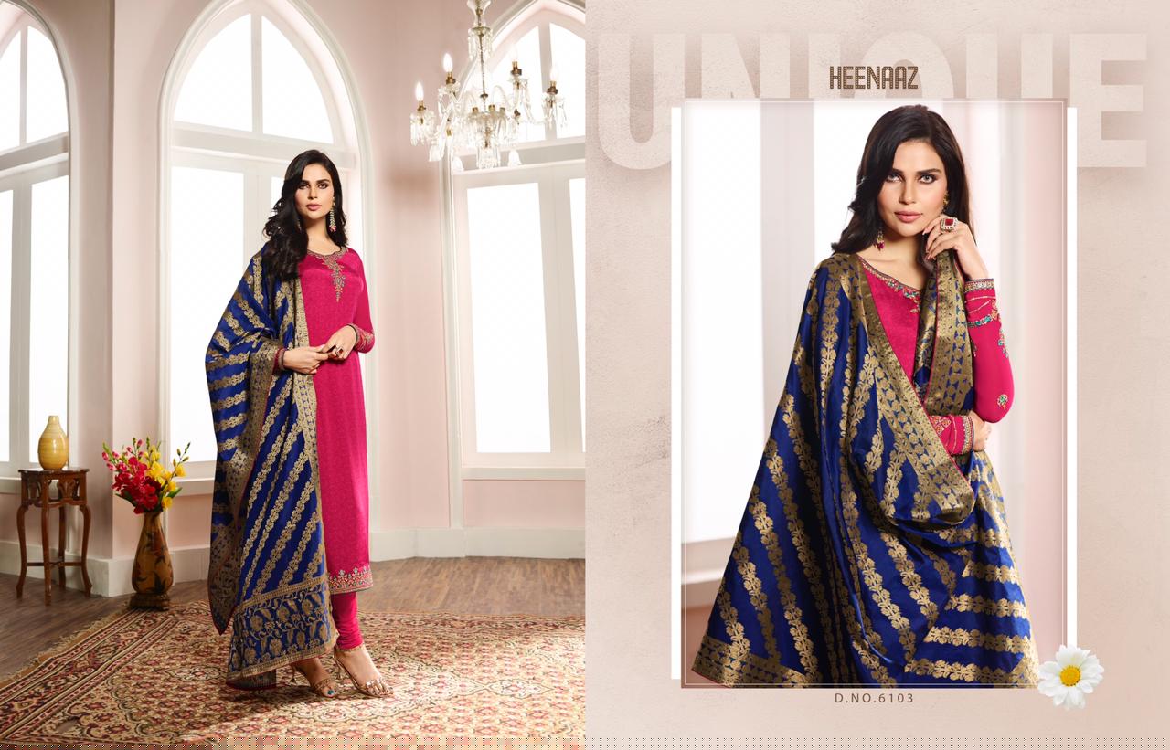 Heenaz Vol-61 By Mahaveer Fashion 6100 To 6107 Series Beautiful Winter Suits Collection Stylish Fancy Colorful Casual Wear & Ethnic Wear French Crepe Silk Dresses At Wholesale Price