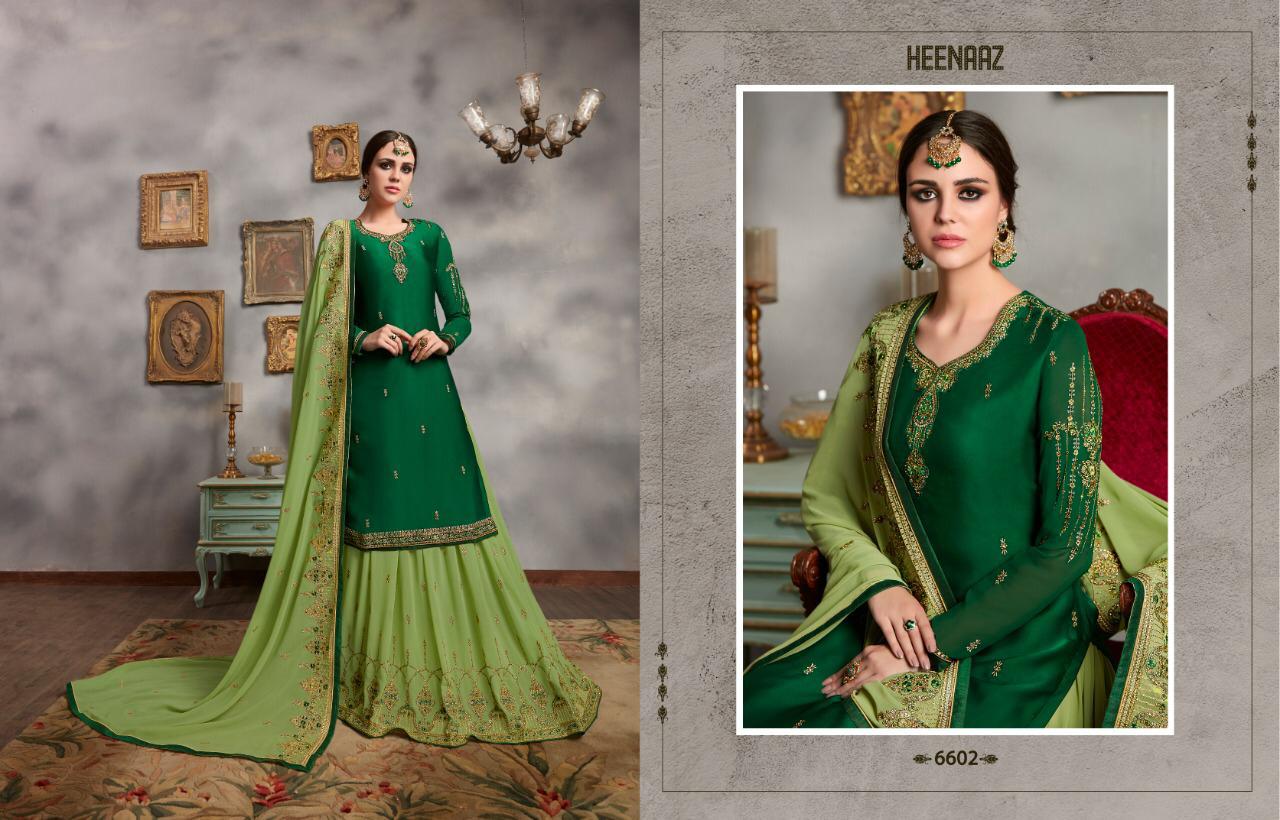 Heenaz Vol-66 By Mahaveer Fashion 6600 To 6606 Series Suits Beautiful Stylish Fancy Colorful Designer Party Wear & Ethnic Wear Satin Georgette With Heavy Embroidery Dresses At Wholesale Price